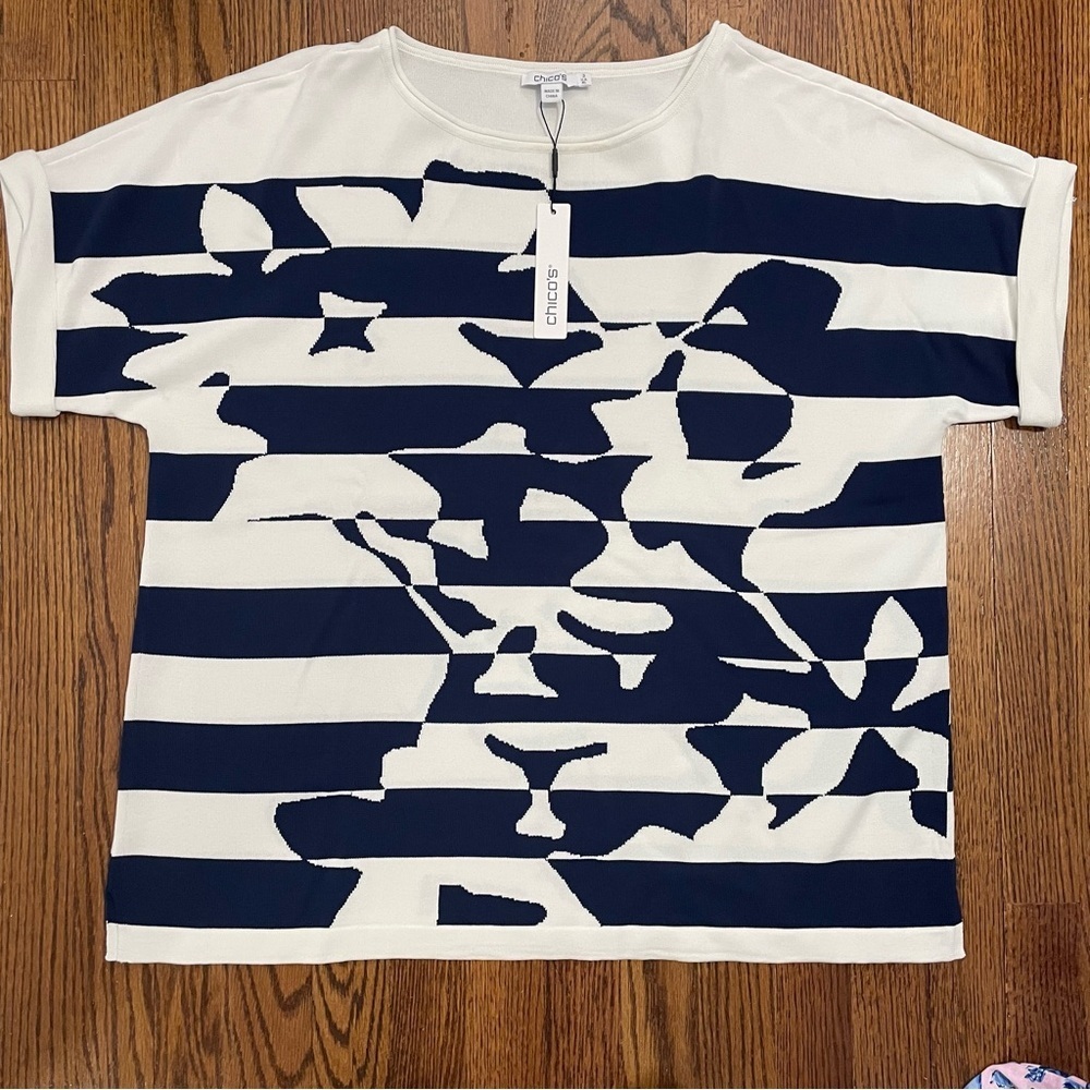 Chico's Navy and White Striped Floral Knit Top